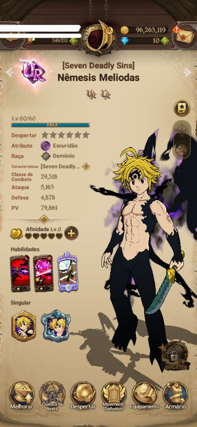 Conta de 7ds com nêmesis meliodas, escanor & merlin e colabs!