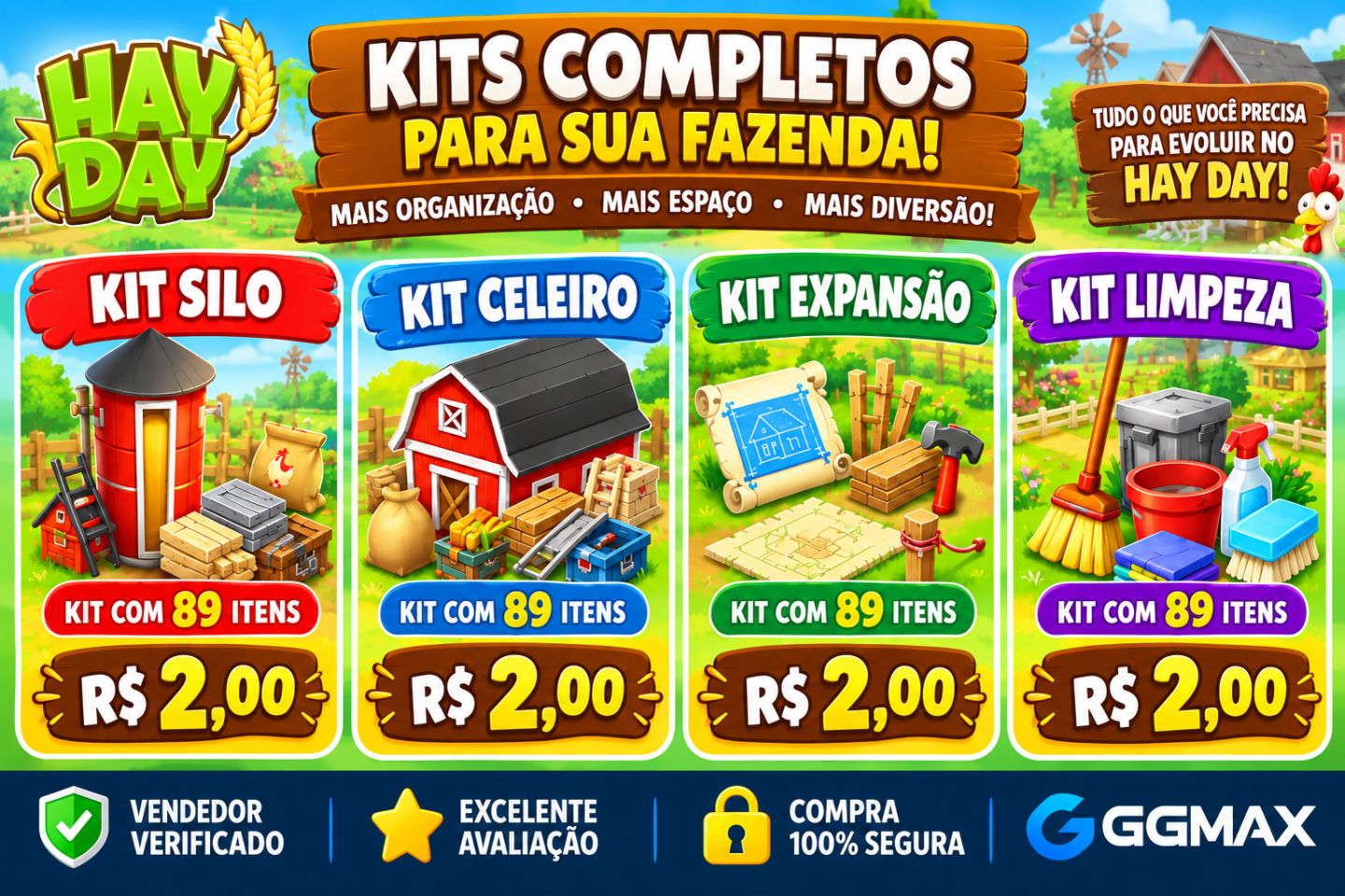 HAY DAY - KITS DE UPGRADE 89 ITENS - CELEIRO / SILO / EXPANSÃO