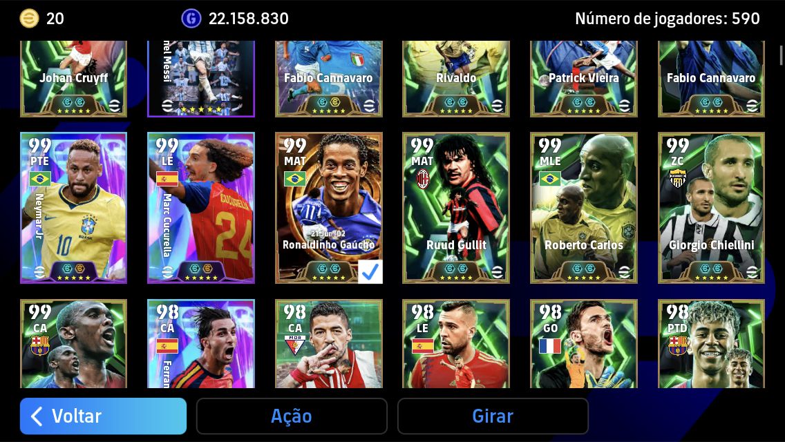 Conta eFootball Força 3266 Cruyff 108 Gullit 107 Ronaldinho blitz 107 Vieira 106