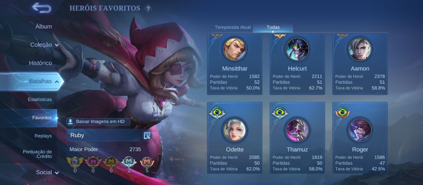 Conta mlbb 6Anos 222skins 111 star único dono wr medianos Full emblemas e herois