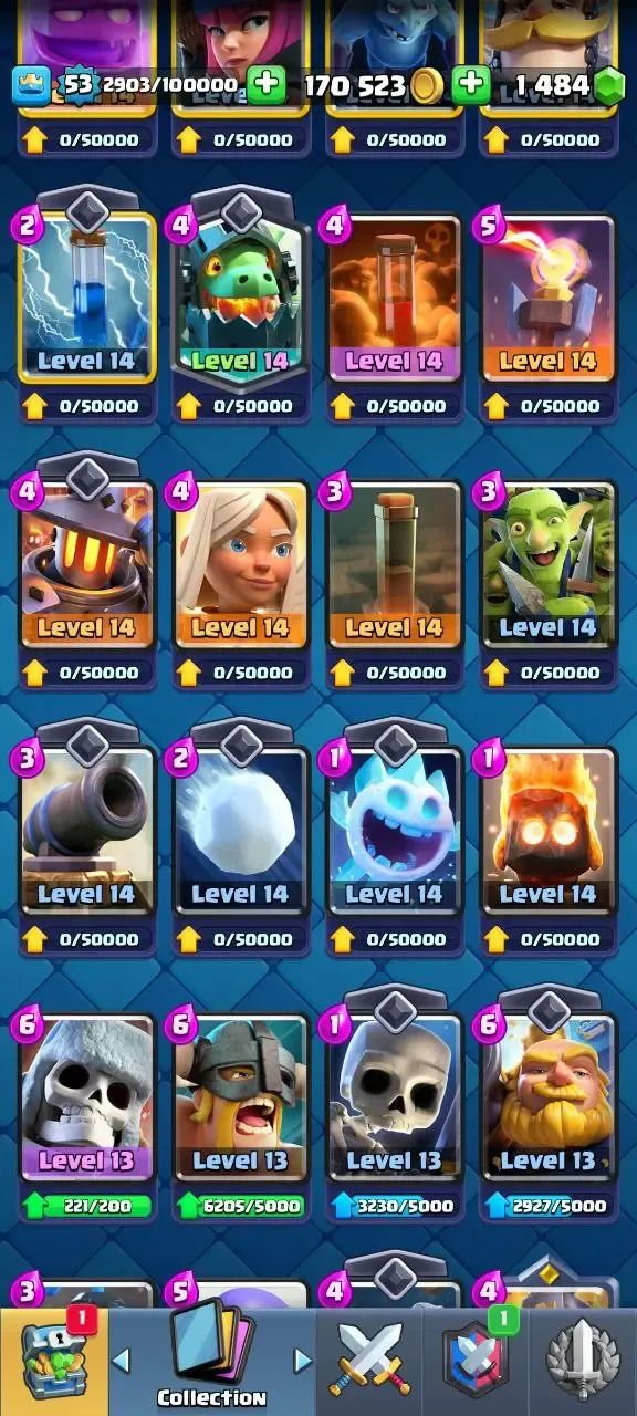 Conta Clash Royale nível 53, 9134 troféus, 48 cartas máx, 95 emotes, 1484 gemas