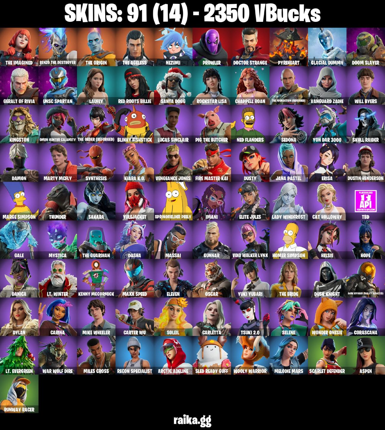 91 Skins - prowler, doctor strange, doom slayer, geralt of rivia, 2350 vbucks