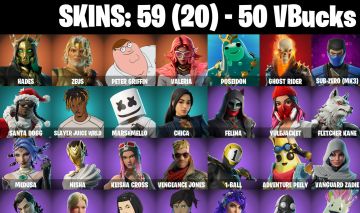 59 Skins - Solid Snake, Peter Griffin, Ghost Rider, Santa Dogg, 50 vbucks