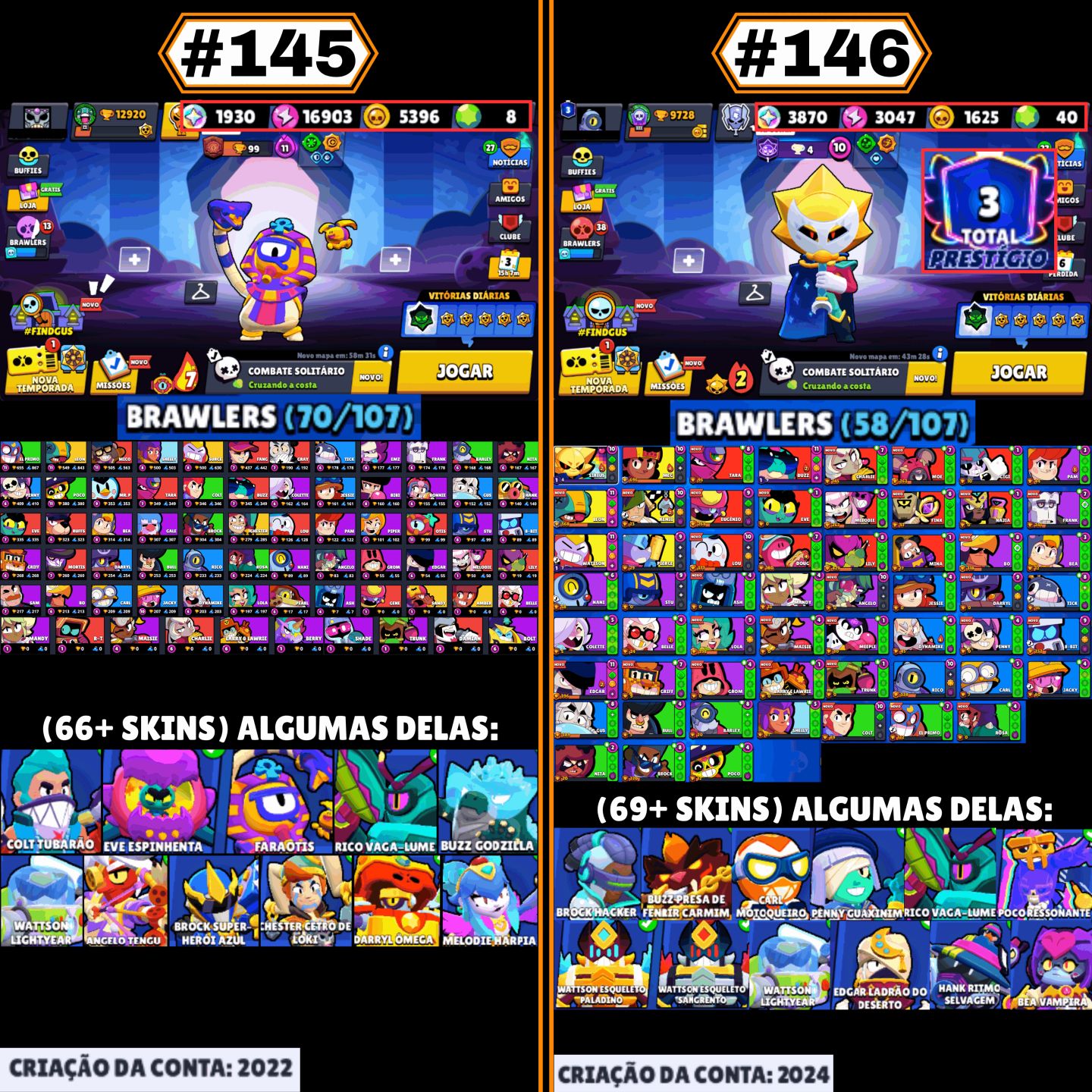 CONTAS BRAWL STARS | LENDÁRIOS, HIPERCARGAS, SKINS RARAS, P11, GEMAS, TROFÉUS
