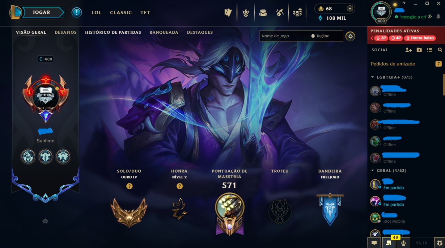 Conta LoL Ouro IV | Full champs | 178 Skins | Nível 400 | Full acesso