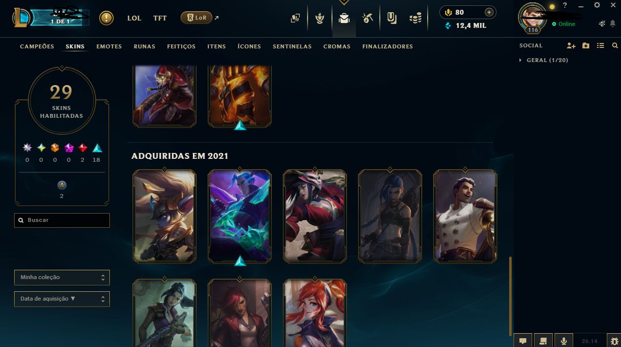 Conta League of legends lvl 116 com 29 skins criada em 2021