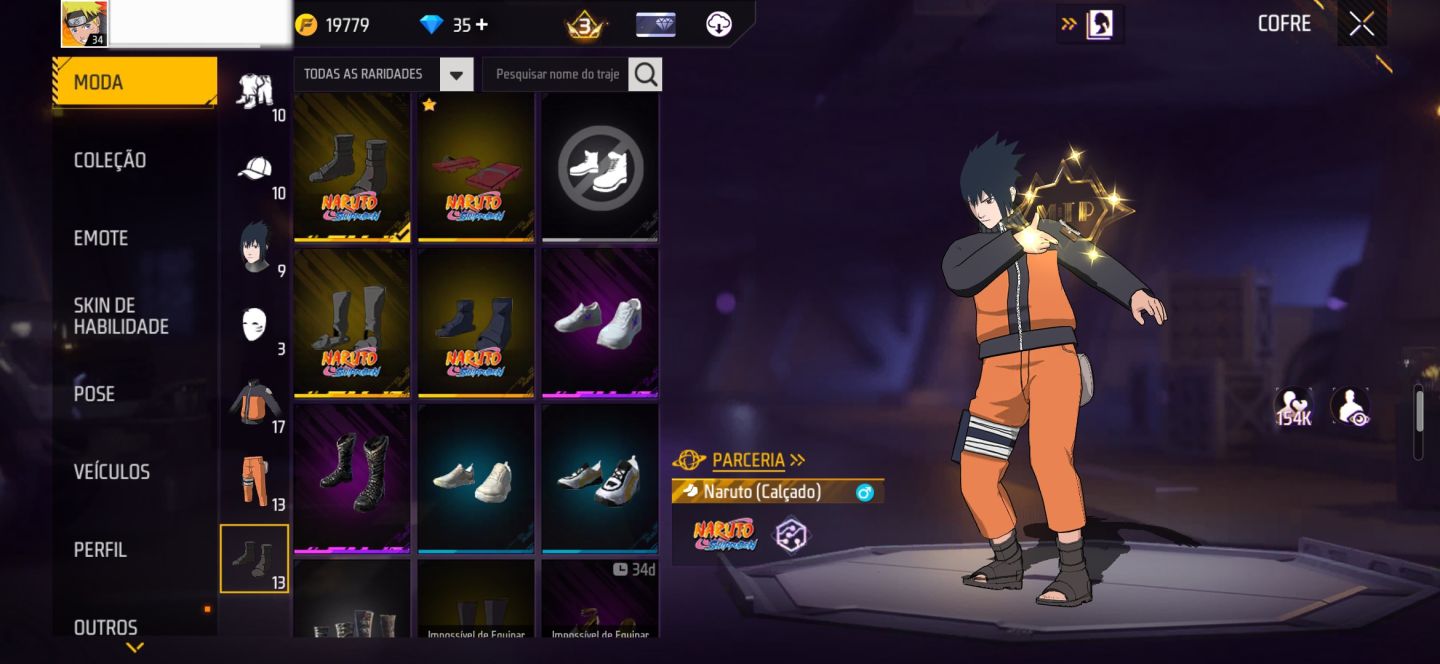 CONTA FF COM SKINS DA PARCERIA NARUTO + 2 EVO