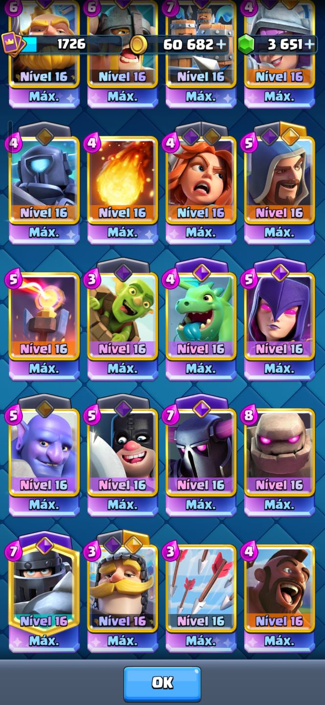Conta Clash Royale Nível 16 Várias Cartas Nível Máximo 14k troféus Arena Campeão