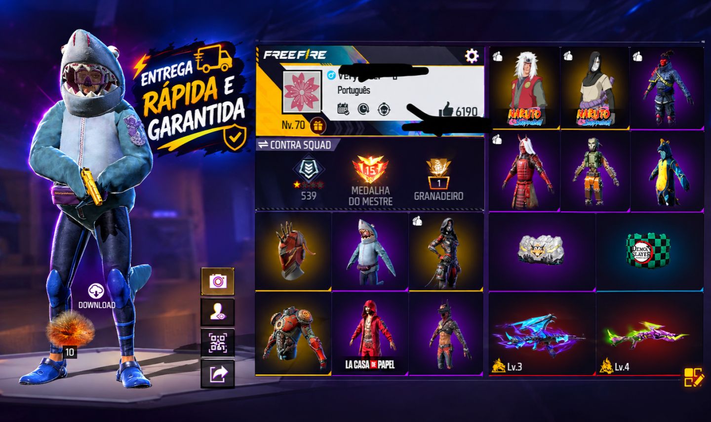 PASSE ANTIGO+CONJUNTO TUBARÃO RARO+ARMAS EVOLUTIVAS+LA CASA DE PAPEL 400 PEITAS