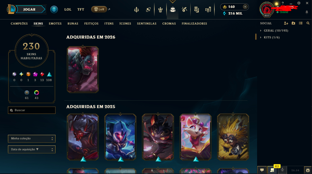 Conta lol nivel 874 com diversas skins de champions sentinela cromas 2kk de ZED.