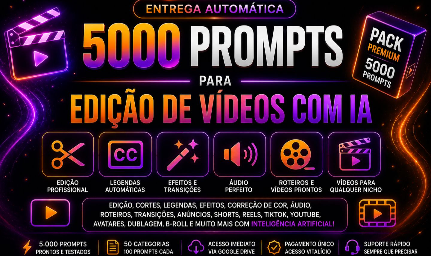 IA: 5.000 Prompts de Edição de Vídeo para YT, TikTok e IG [Entrega Automática]