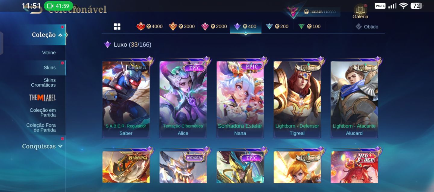 Conta Mlbb 279 skins, 5 skins kof 1 legend