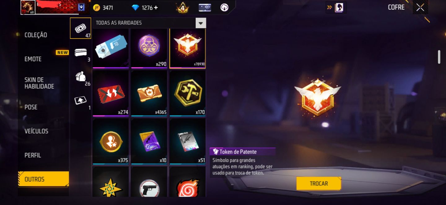 CONTA FREE FIRE NÍVEL 68 | 1.276 DIAMANTES | 400 CAMISAS | LOGIN VK + EMAIL