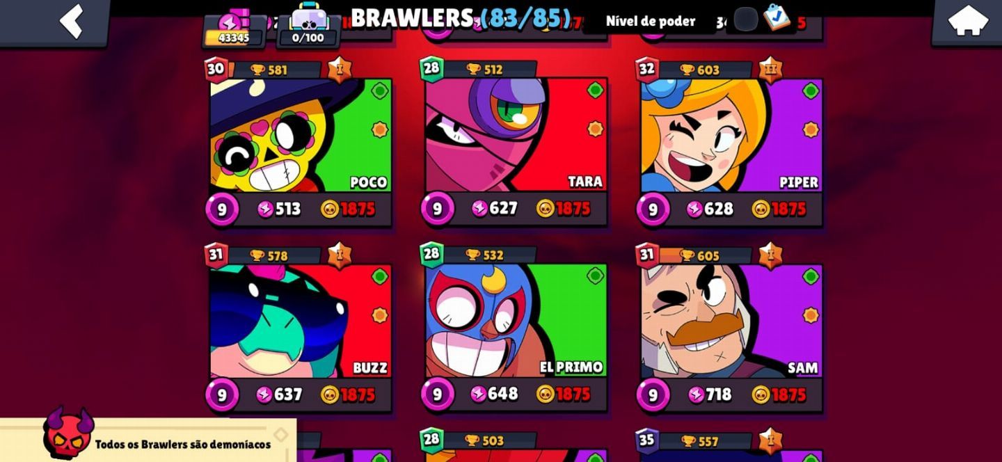 CONTA BRAWL STARS 83/85 BRAWLERS, 43K TROFÉUS, ANTIGA (2018), MUITA SKIN.