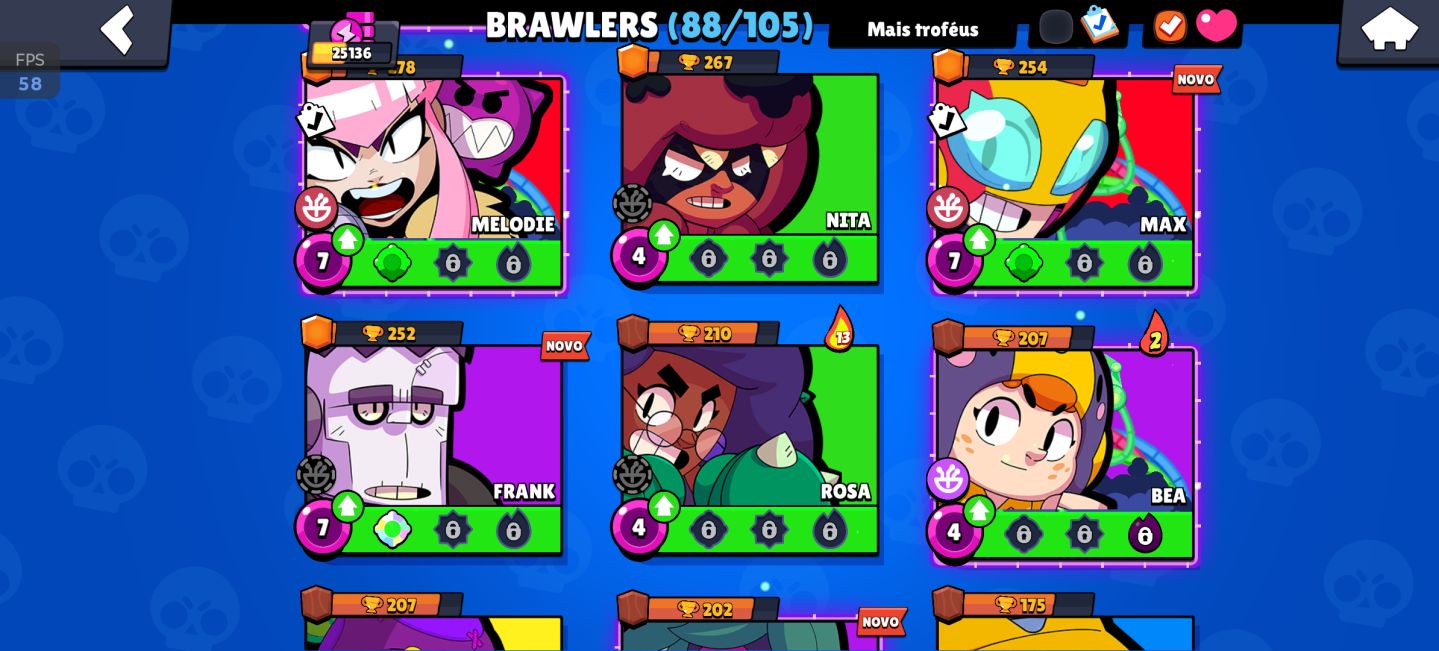 25k de troféu, Todos os lendários 88 brawler, 17 hipercarga e 6 buffs completos