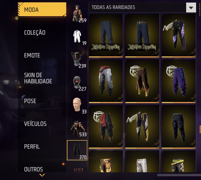 Conta Free Fira com skins de passes antigos