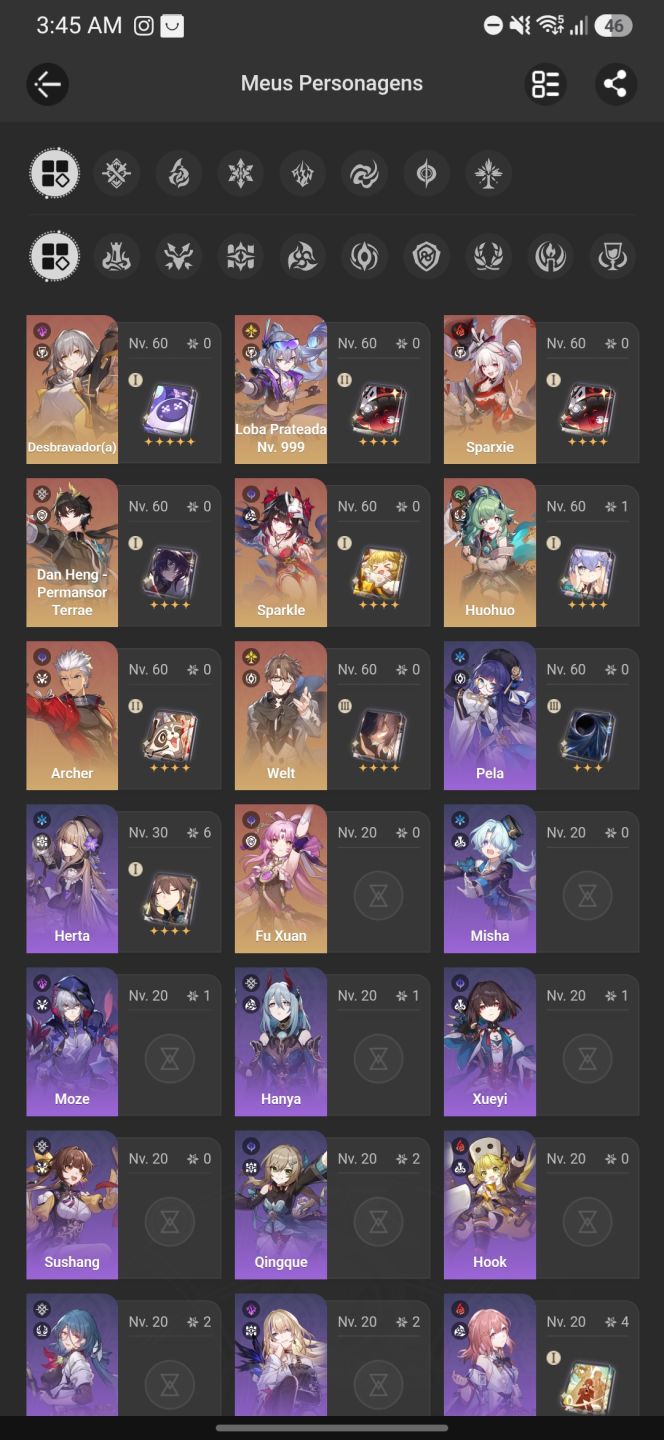 Conta HSR, Sw999, Sparxie, Dan Heng PT e Archer