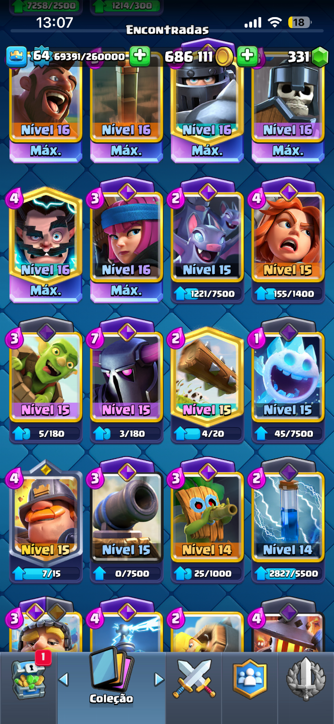 CONTA CLASH ROYALE 8 ANOS, CARTAS LEVEL 16 E 20 EVOLUÇÕES (VALOR NEGOCIAVEL)
