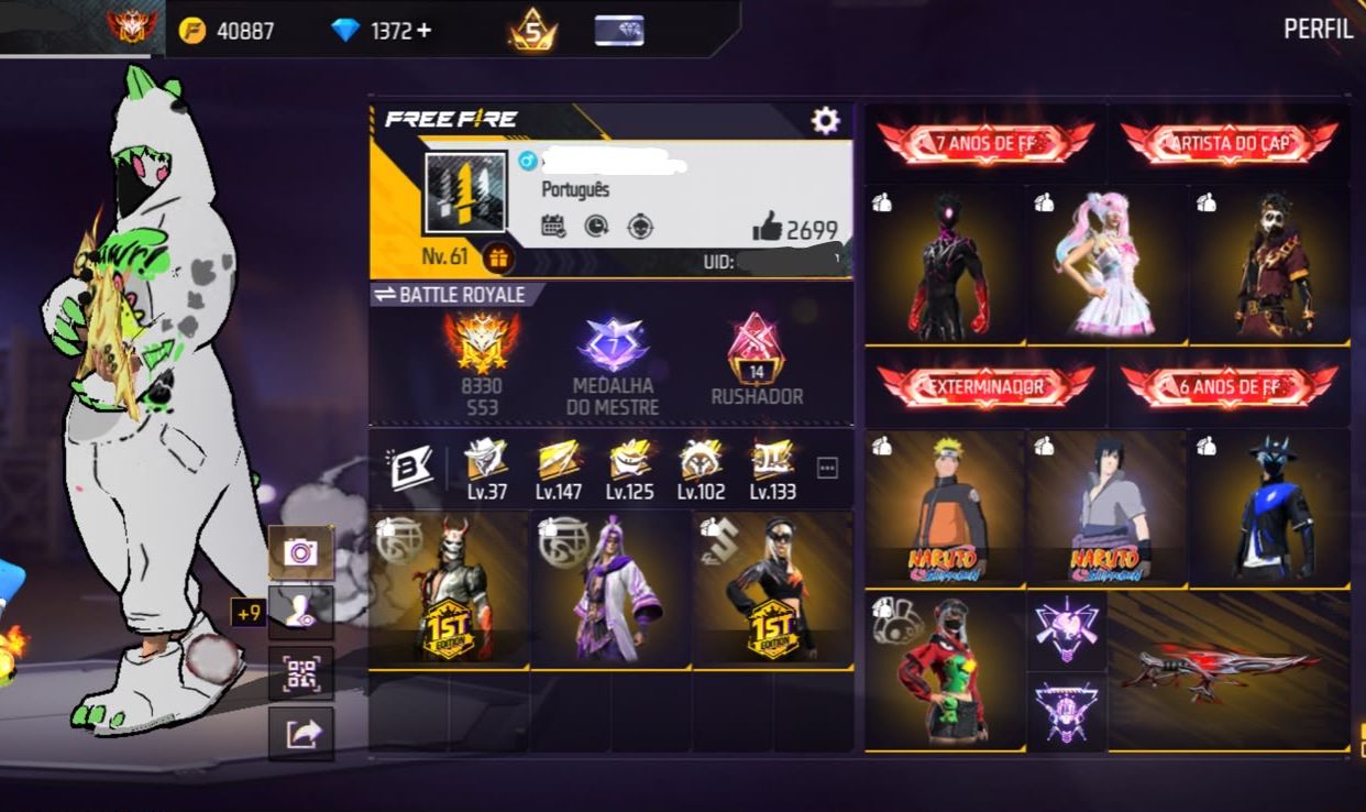 Conta FreeFire 7 Anos | 1372 diamante | Pacote Hashira Sensi | Tds Skins Naruto