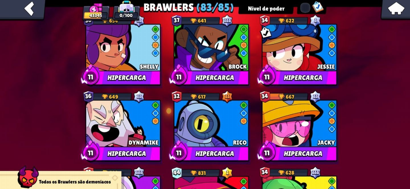 CONTA BRAWL STARS 83/85 BRAWLERS, 43K TROFÉUS, ANTIGA (2018), MUITA SKIN.