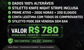 Conta cs2, faca stilleto, trust green 82%, 1900 horas de jogo, COM PRIME.