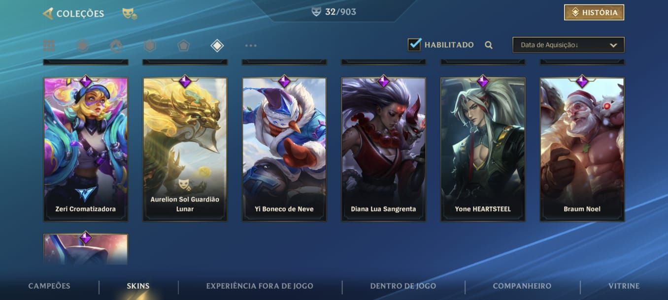 Conta Wild Rift com algumas skins, com +900 essências laranjas (Espólio)