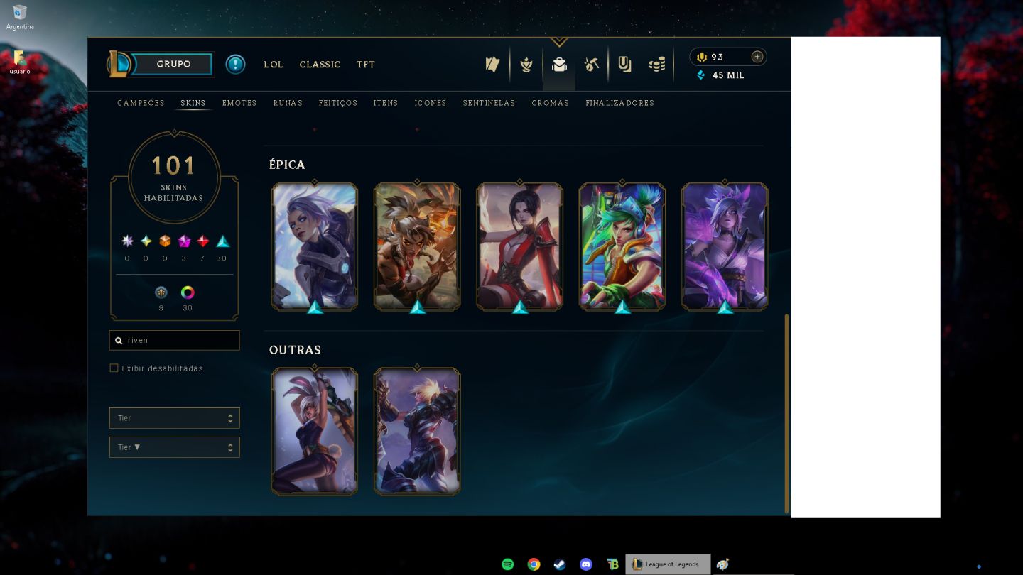 CONTA LOL PLATINA | 101 SKINS | 3 SKINS PRESTÍGIO | COLEÇÃO RIVEN |