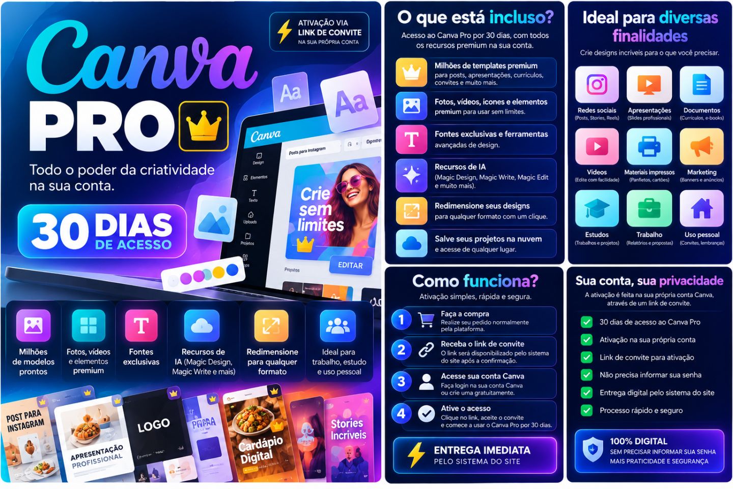 Canva Pro 30 Dias | Link de Convite | Ativação na Sua Conta | Recursos Premium