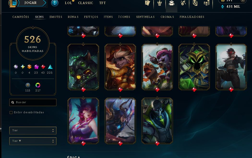 CONTA COLECIONADOR|526 SKINS|SIVIR CAÇADORA/NEO PAX|QIYANA+AATROX PRESTÍGIO2022