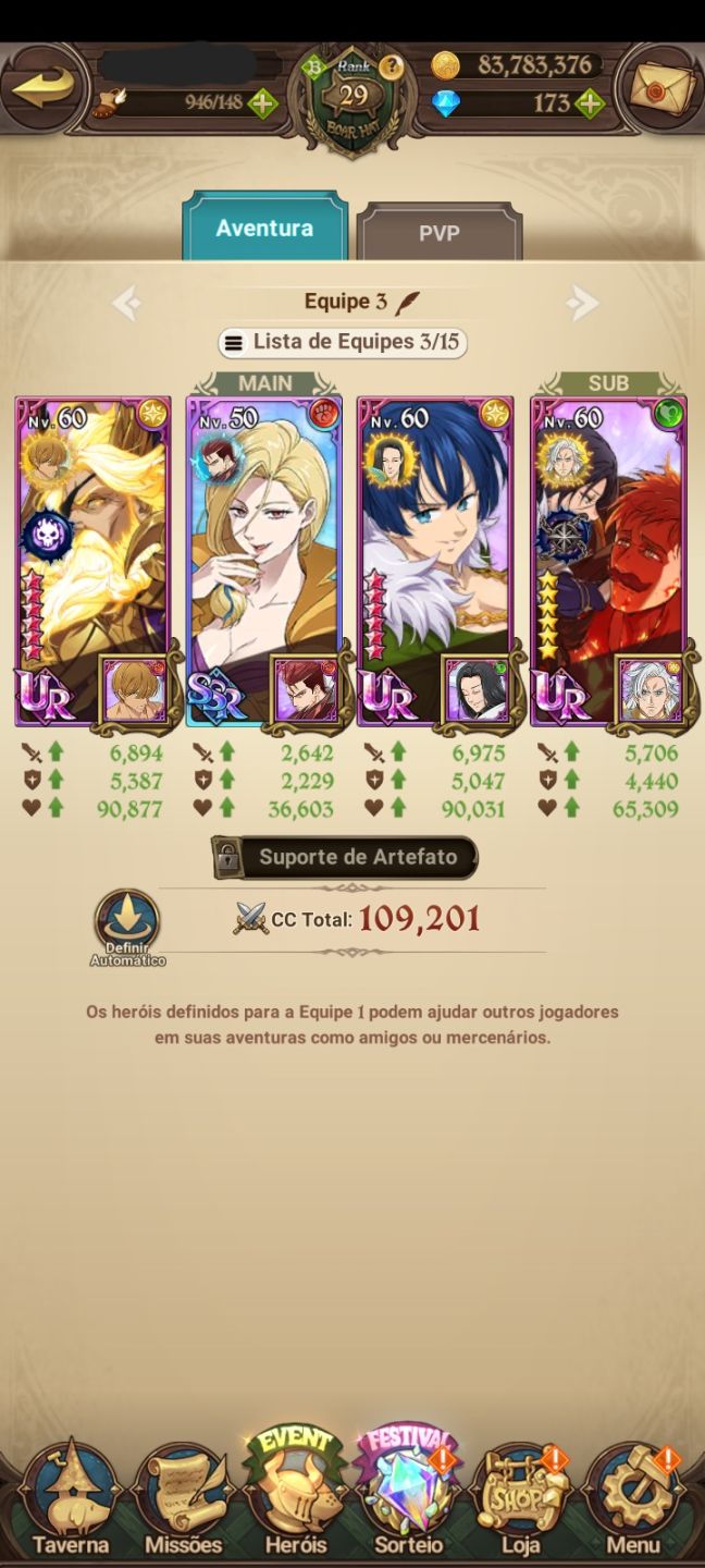 Conta nova de 7ds nivel 29 com novo personagems Odin Superpoderoso!!!