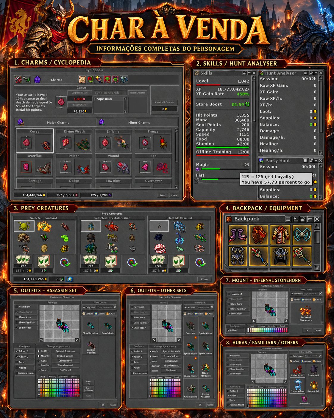 MS LEVEL 1042 | ML 125 | CHARMS | PREYS | SET COMPLETO | OUTFITS, MOUNTS E RAROS