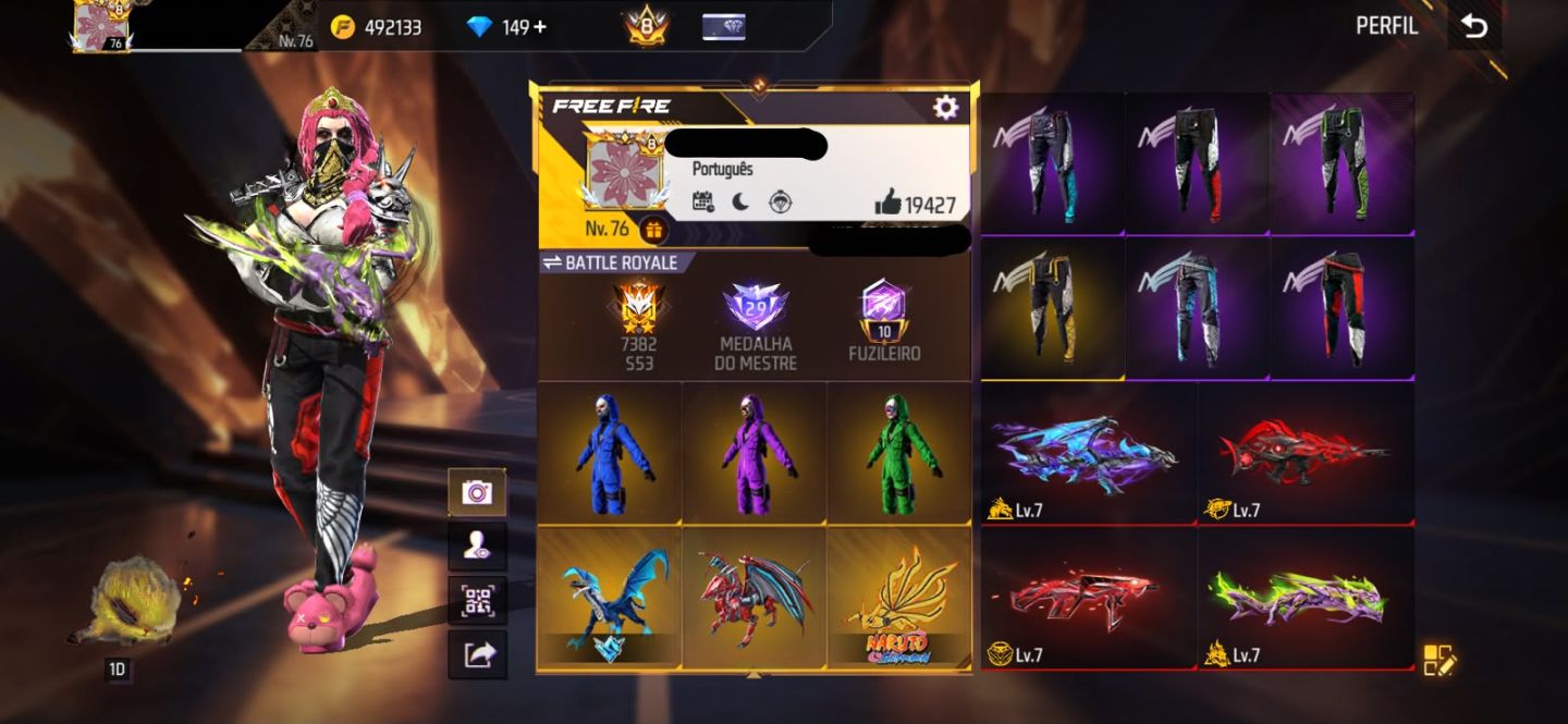 Conta Free Fire Gemada com 7 Angelicais, 10 Evolutivas, Prime 8, 900+ Peitorais