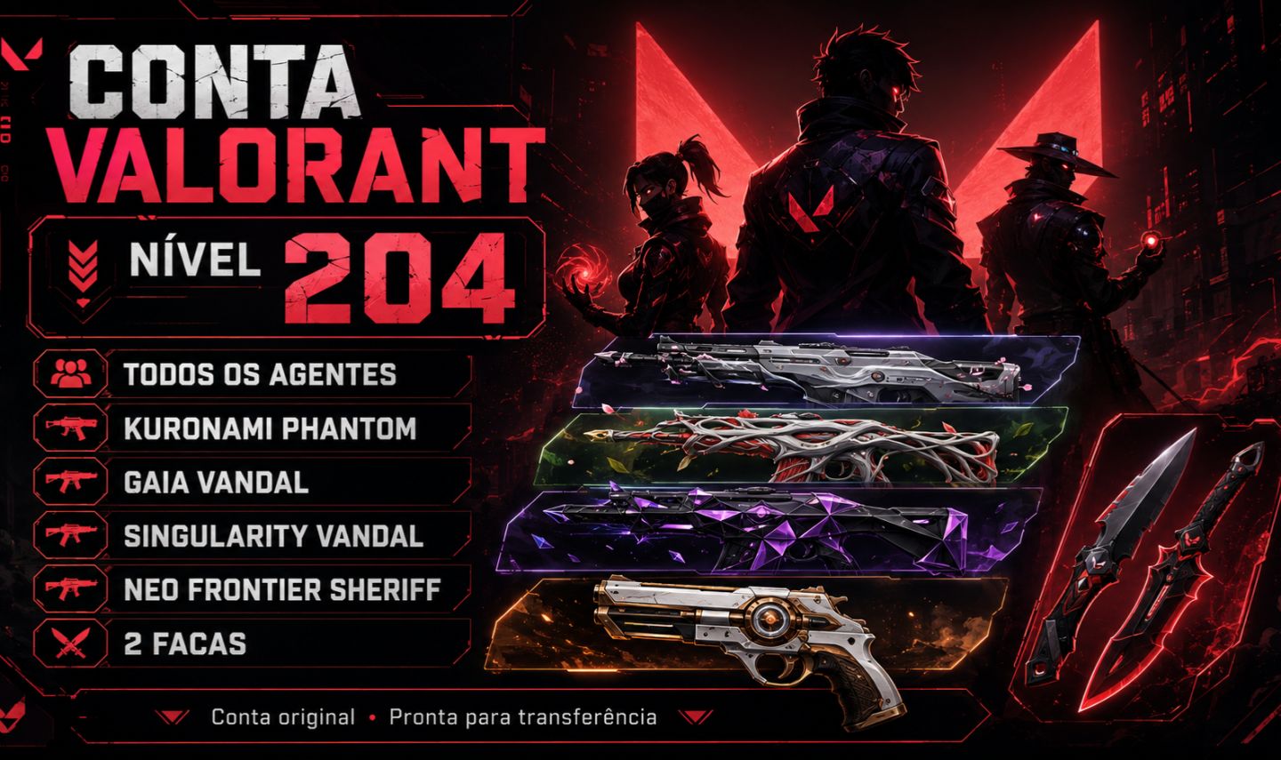 Valorant Nível 204 Kuronami Phantom Gaia + Singularity Vandal 2 Facas