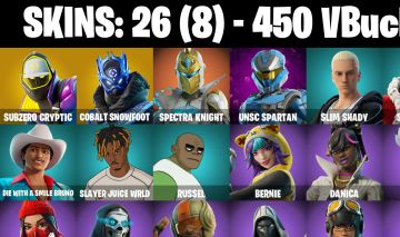 26 Skins - subzero cryptic, cobalt snowfoot, santa dogg, 450 vbucks