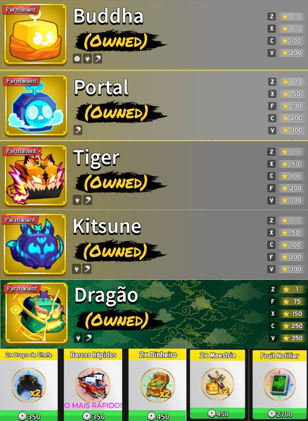 Conta de Blox fruits Full com Dragon, kitsune, tiger perm Possui Todas gamepass