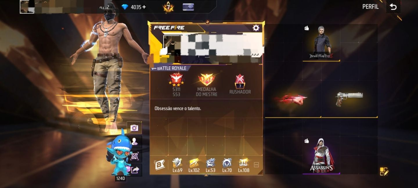 Conta ff prime 7, com a nova skin do halloween masculino. 844 peitas