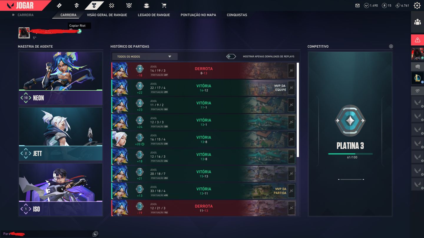 CONTA DE VALORANT COM VARIAS SKINS PLATINA 3