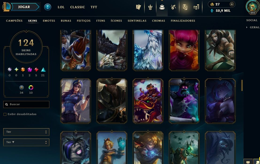 Full Acesso - 124 Skins - Todos Campeões - Level 293 - 50 Mil Essencia Azul