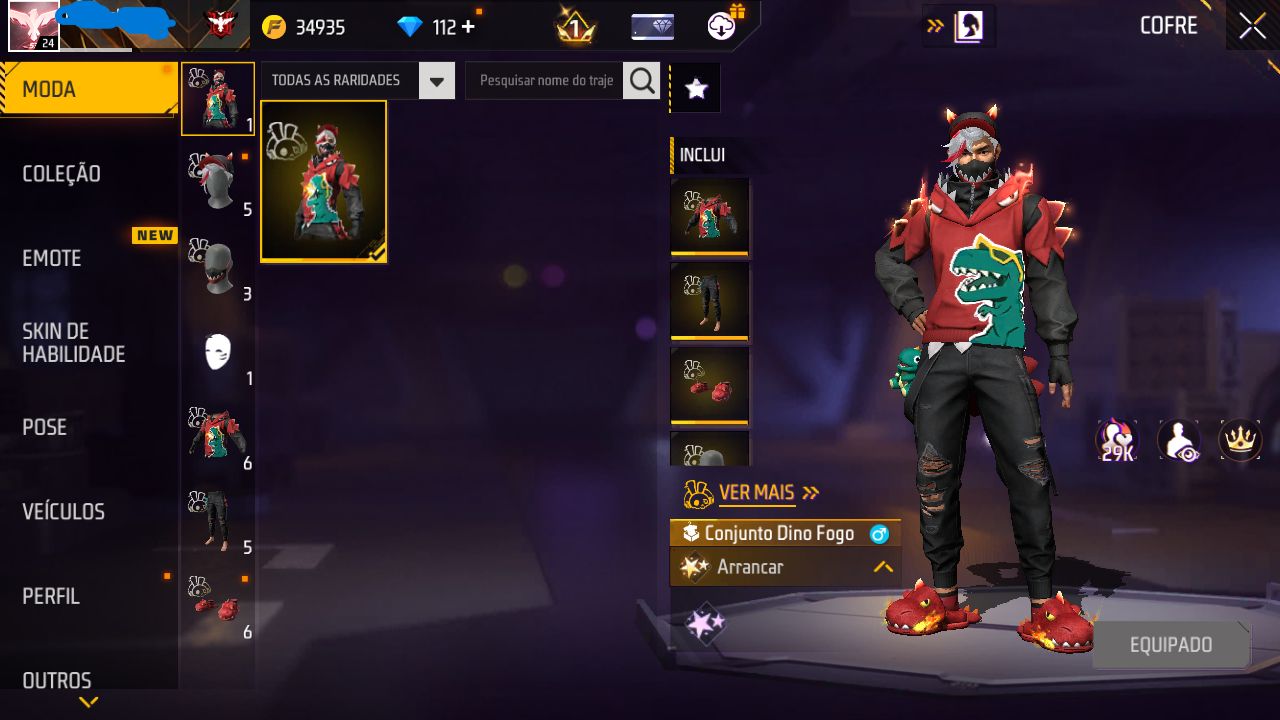 CONTA FREE FIRE MESTRE MODO RANK COM SKIN DINO DE FOGO E PUNHO CHIDORI