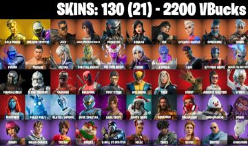 130 Skins - Gold Midas, Subzero Cryptic, Lara Croft, Tony Stark, 2200 vbucks