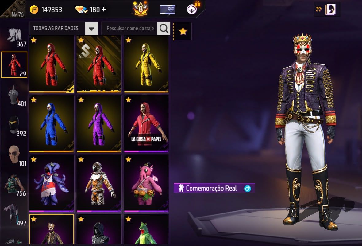 Conta free fire gemada com 5 angelicais, 5 evolutivas, 750+ peitorais, prime 8