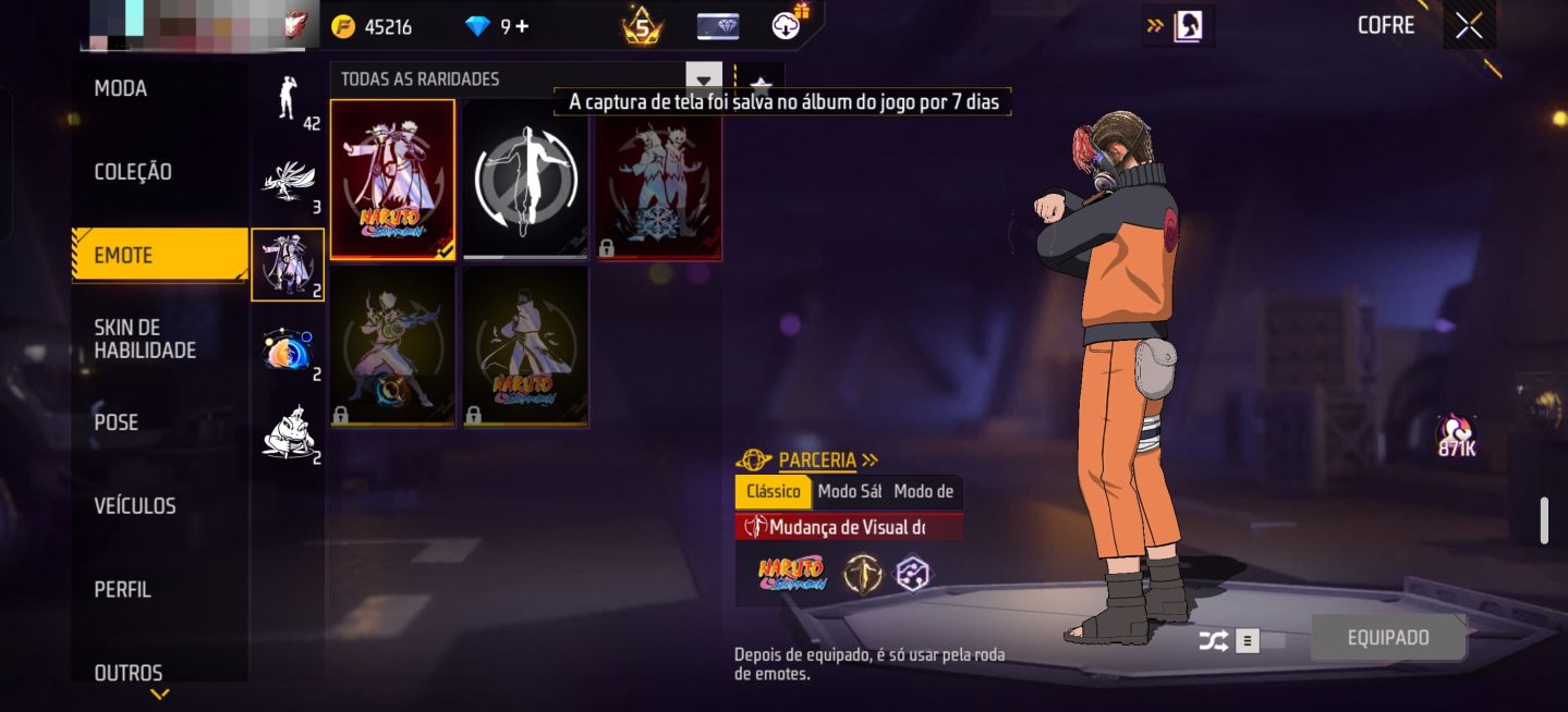 Conta freefire com todas as skins da primeira parte naruto