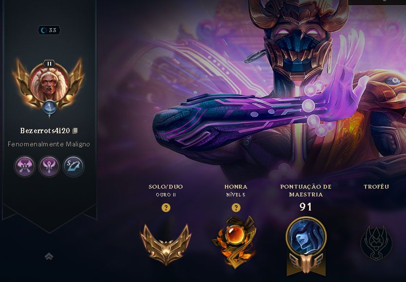 CONTA DE LOL - OURO 2 (SOLO/DUO) - LVL33 - HONRA 5 - IMPECÁVEL MMR ALTO