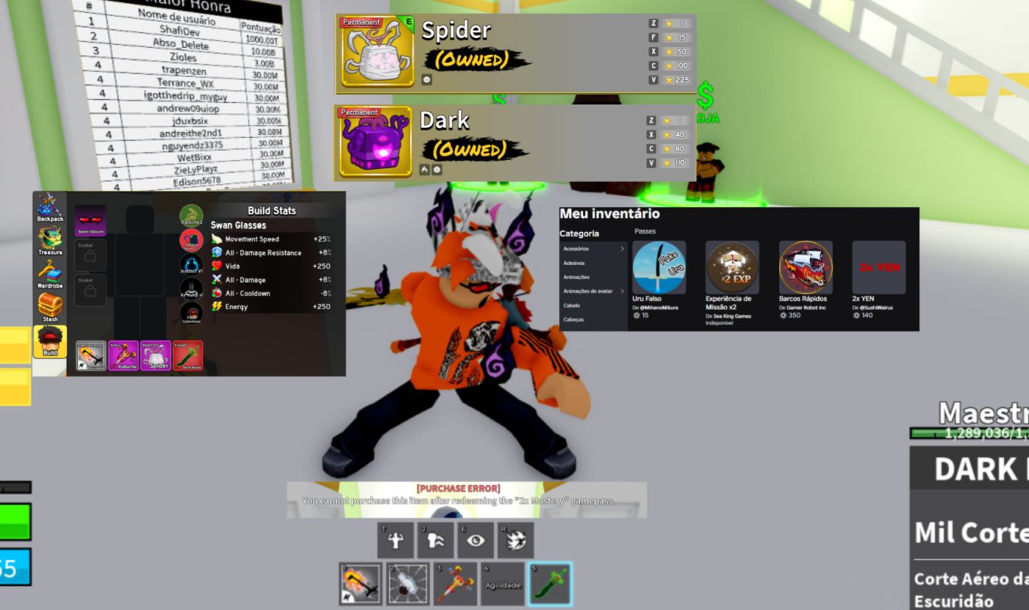 89% DE DESCONTO! CONTA RARA BLOX FRUITS DARK BLADE + SPIDER PERM + FAST BOATS