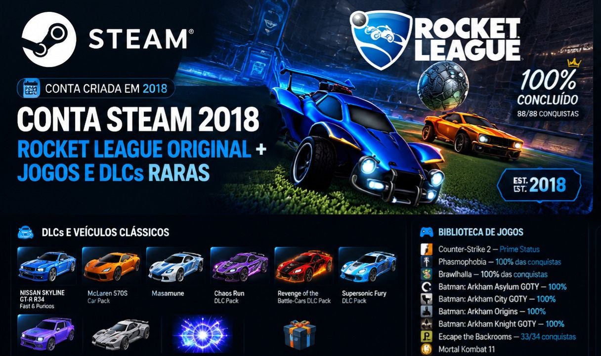 Steam 2018 | Rocket League + DLCs Raras | CS2 Prime | Batman | MK11 + Jogos