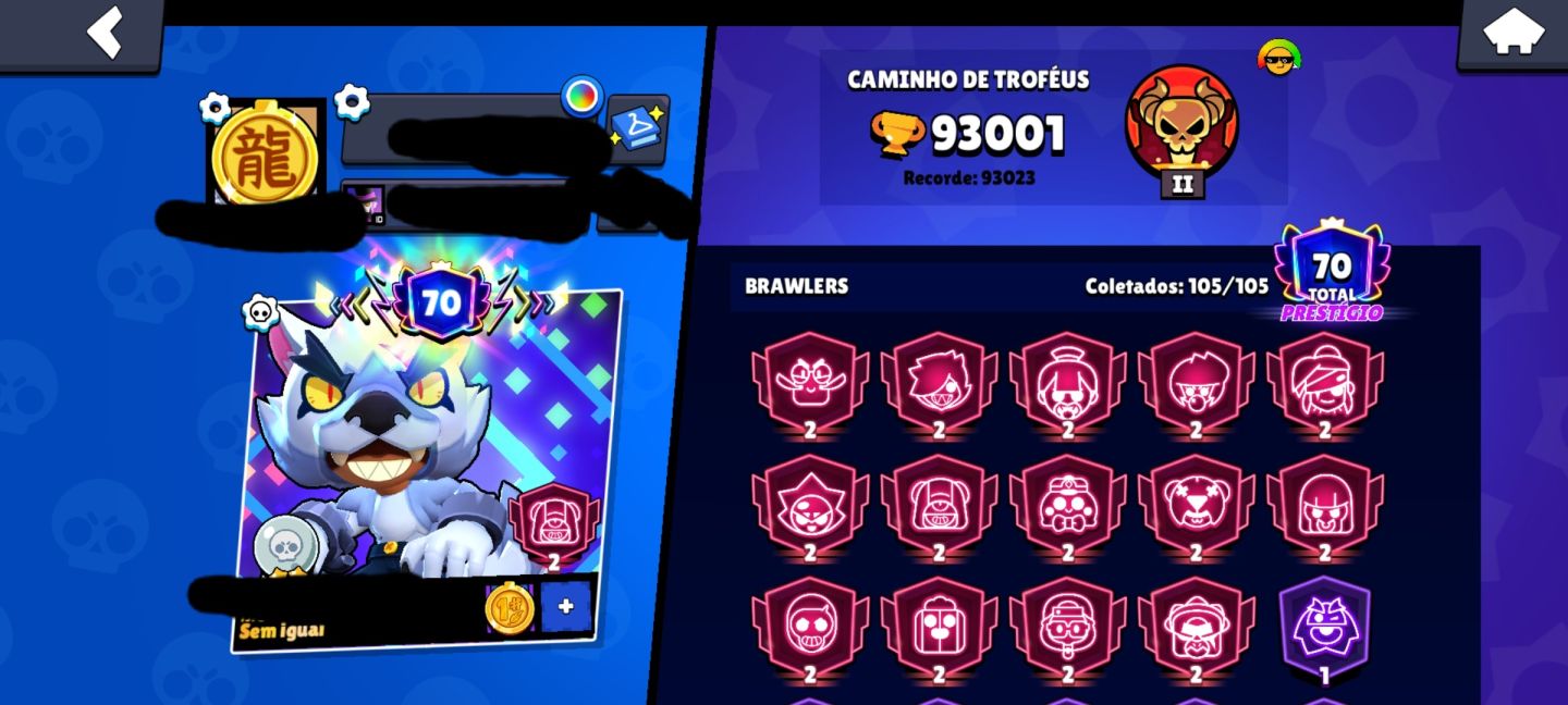 CONTA BRAWL STARS 93K+ TROFÉUS | 105 BRAWLERS | 49 HIPERCARGAS | 249 SKINS