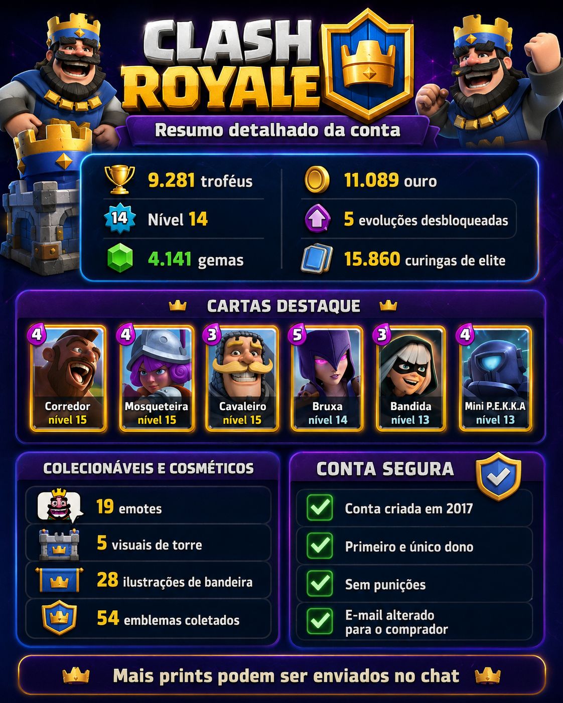 COMBO SUPERCELL 2017 | CR 9.281 TROFÉUS + COC CV14 | 5 EVOS + 5 SKINS
