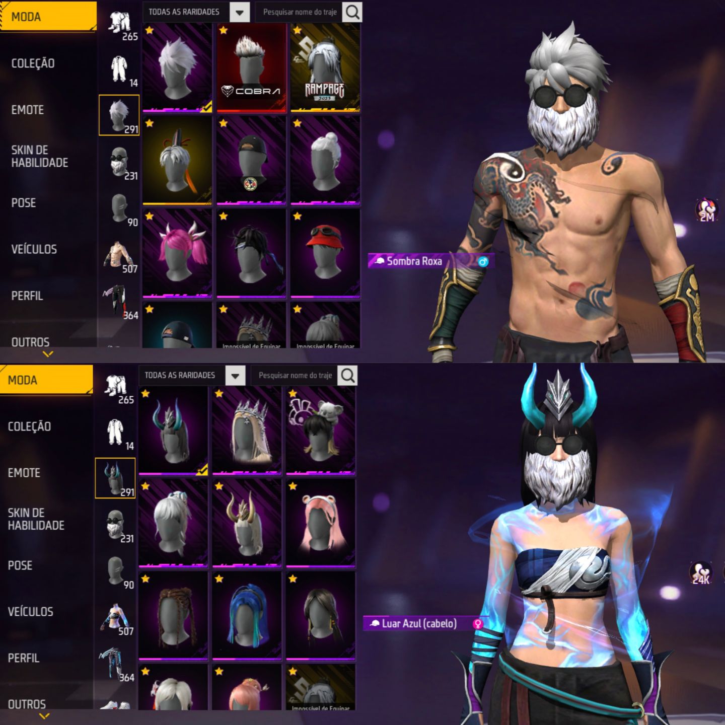 CONTA FREE FIRE PRIME 8, FEMININA E MASCULINA
