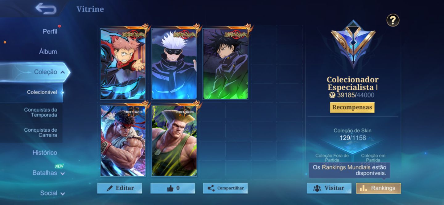 Conta mobile legends skins de street fighter e jujutsu