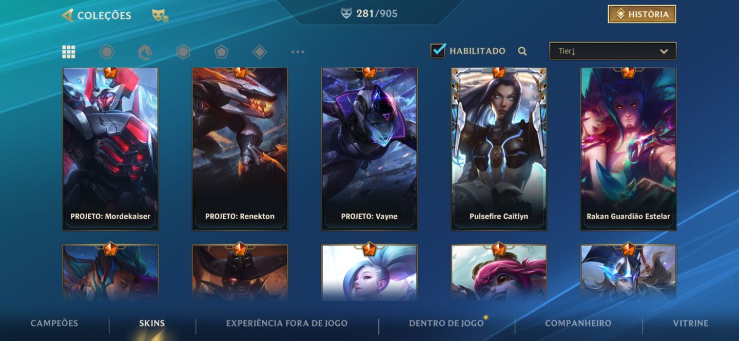 CONTA WILD RIFT COM 281 Skins, Challenger uma vez e tem 344 moedas laranjas
